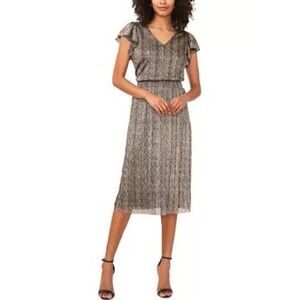 NWT $119 Vince Camuto Metallic Flutter Sleeve Smocked Waist Dress Silver Black